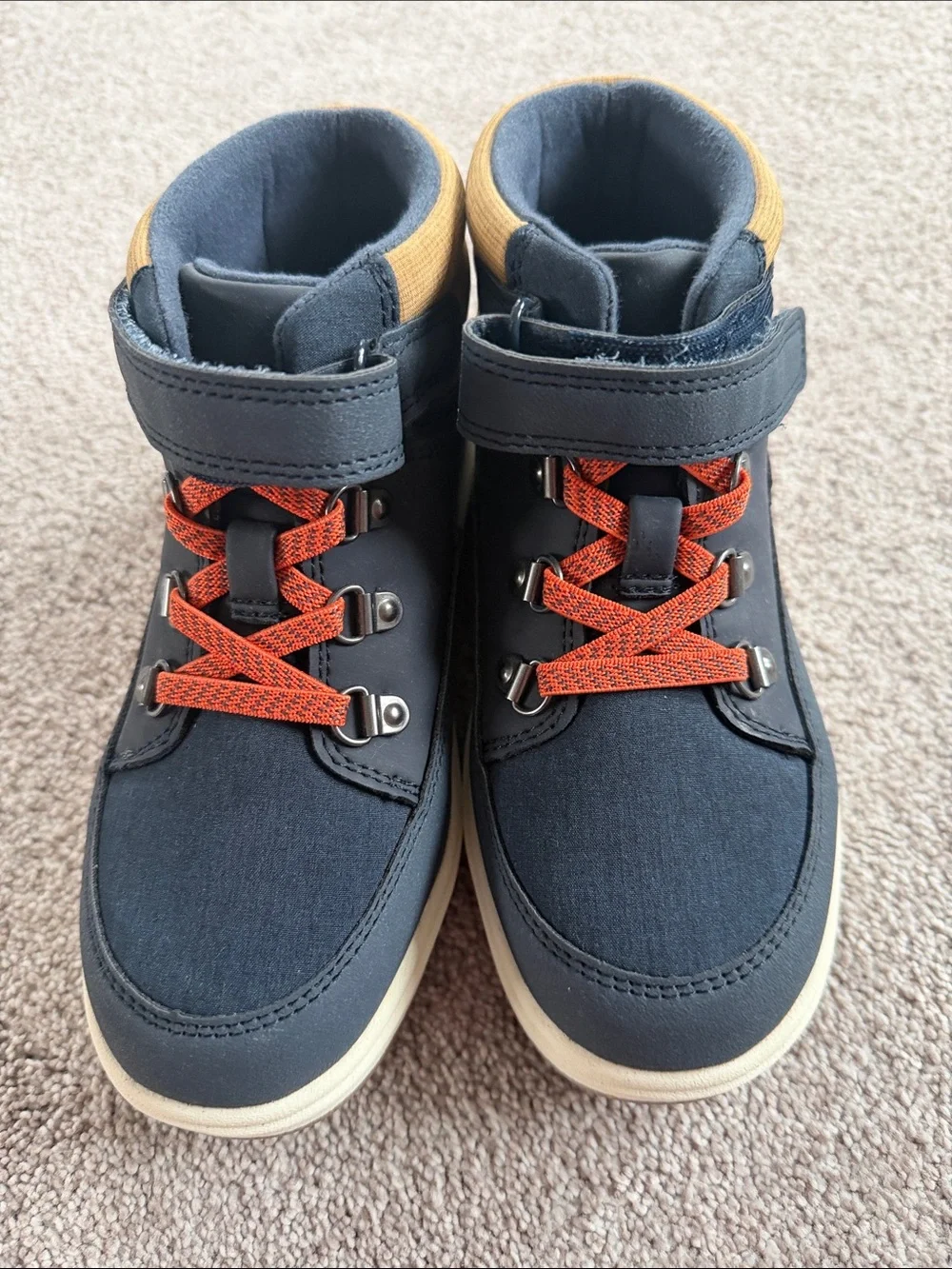 Brand new! Kids High-Top Casual Sneakers - Navy and Tan with Orange Laces
